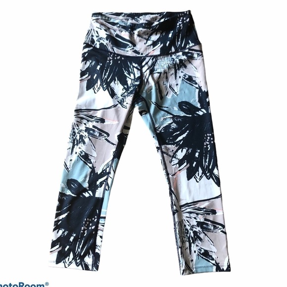 Apana blue and white tropical palm tree print workout leggings pants size small - Picture 1 of 6